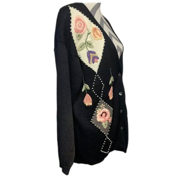 Vintage Cristina Embroidered 3D Knit Floral Beaded Cardigan Large Button Whimsy - Picture 4 of 9